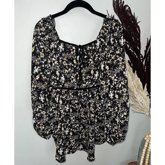 Umgee Womens M Black Floral Hi Low Tunic Top Boho Balloon Sleeve Velvet Trim - Picture 2 of 5